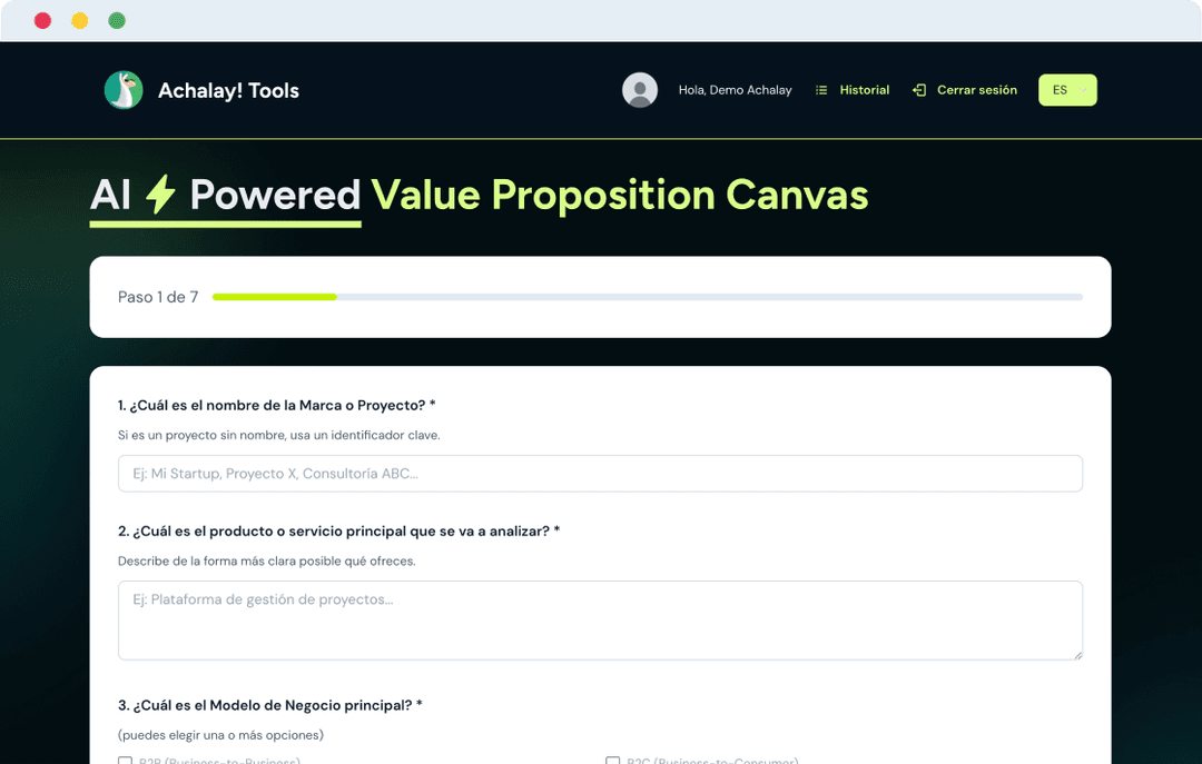 Formulario de Value Proposition Canvas